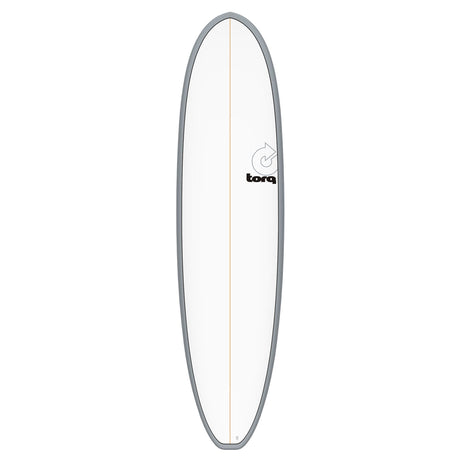 Torq TET V+ MOD Fun Surfboard mit grauem Rail und weißem Deck, Draufsicht