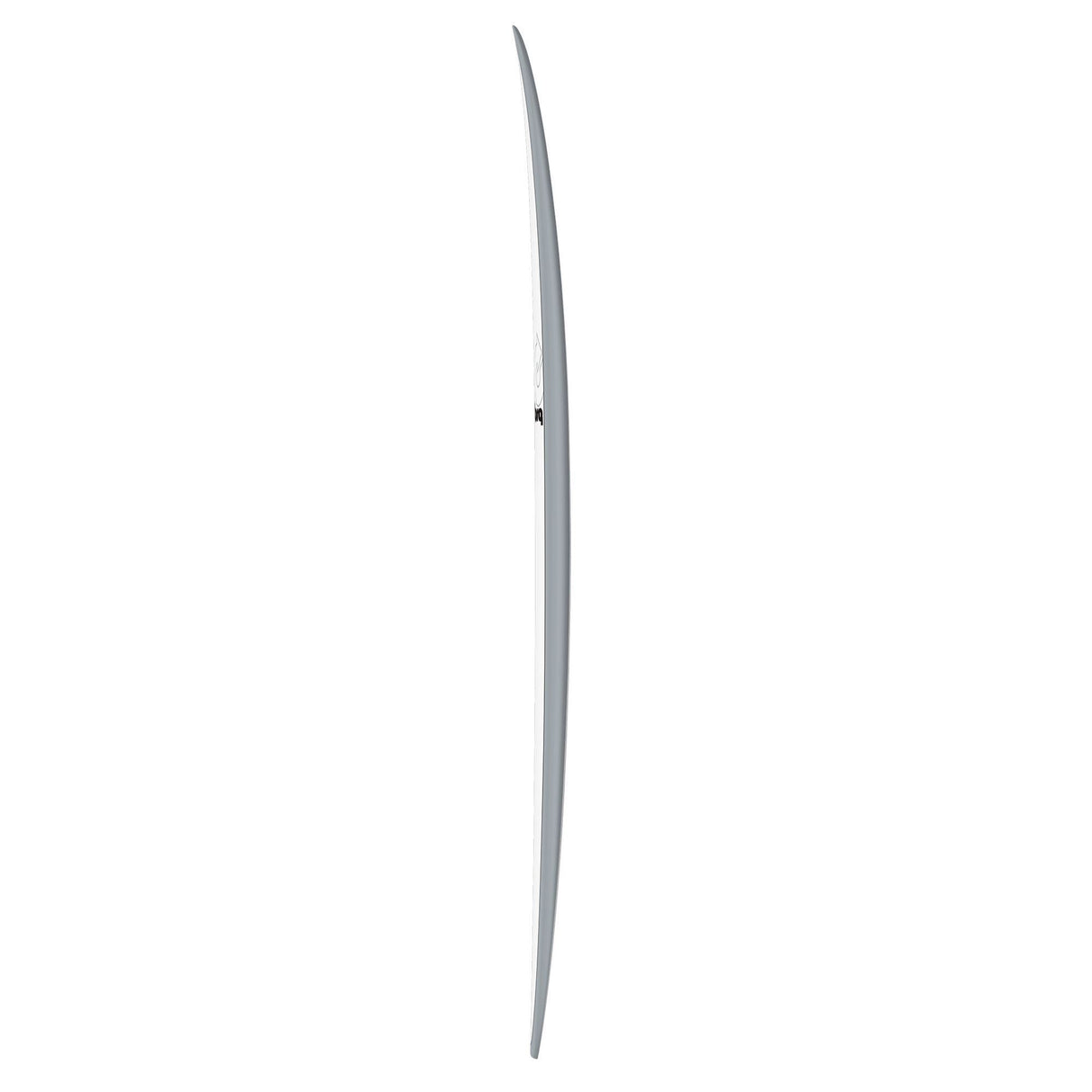 Torq TET V+ MOD Fun Surfboard in Grau, Seitenansicht des schlanken Designs mit geschwungener Form