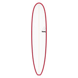 Torq TET Longboard mit roter Kante und weißem Deck, Draufsicht auf weißem Hintergrund