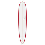 Torq TET Longboard mit rote und weißer Färbung, Draufsicht auf das komplette Surfboard