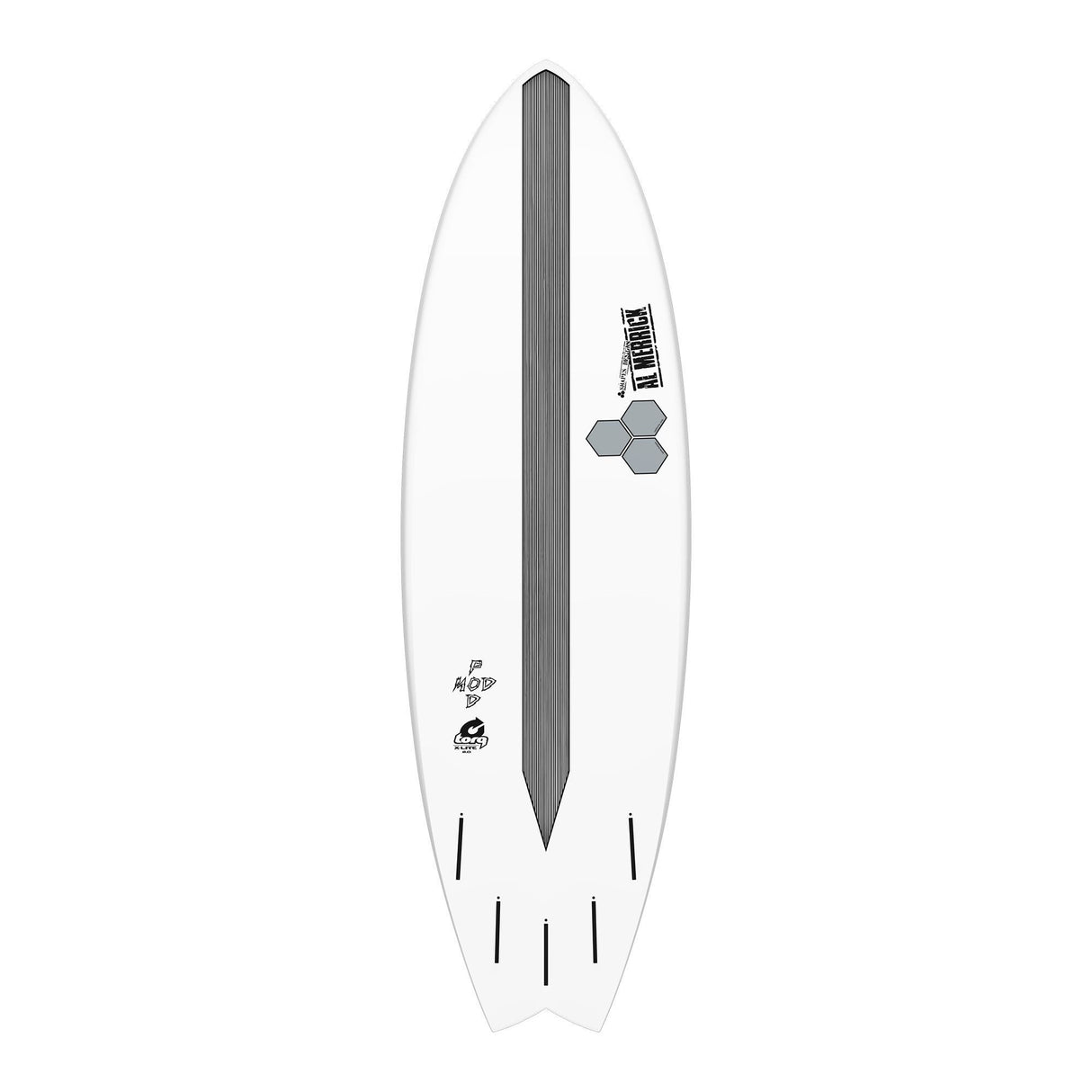 Channel Islands X-lite PodMod Surfboard, weiß mit grauem Kern, Draufsicht