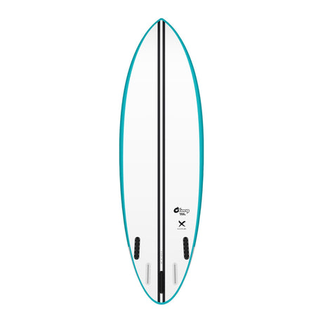Torq TEC Multiplier Surfboard in Türkis und Weiß mit schwarzem Streifen, Draufsicht