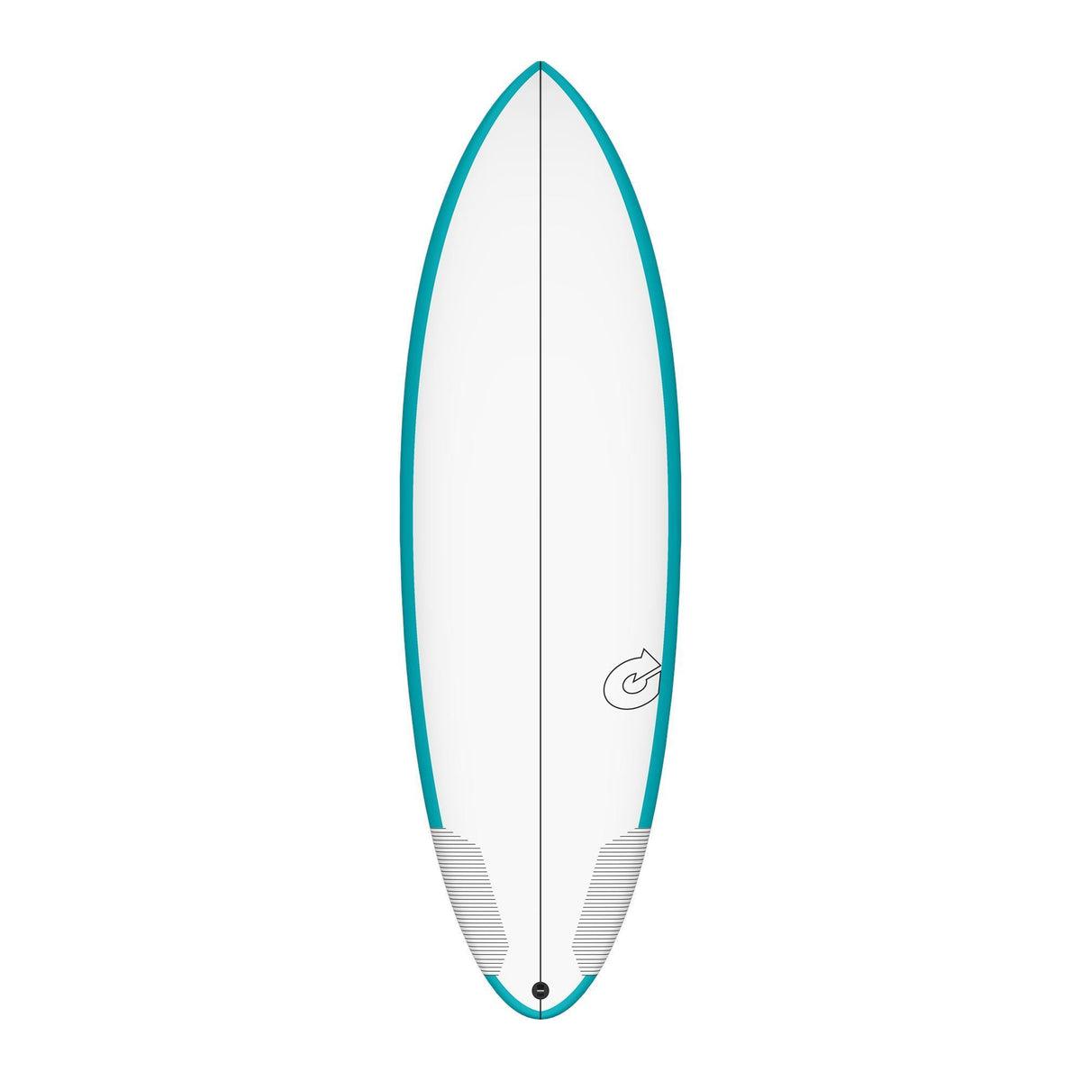 Torq TEC Multiplier Surfboard mit türkisem Rails, weißem Deck und grauem Tail-Bereich, Draufsicht