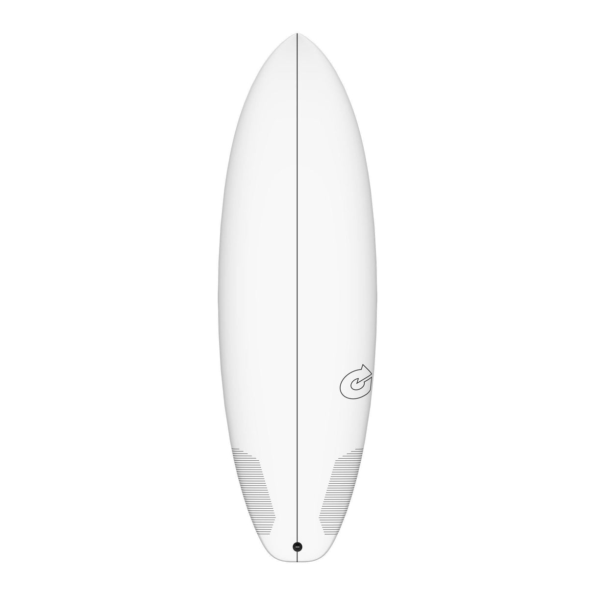 Torq TEC PG-R Surfboard in Weiß, Frontalansicht, ovale Form mit Finnen und Logo