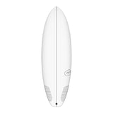 Torq TEC PG-R Surfboard in Weiß, Frontalansicht, ovale Form mit Finnen und Logo