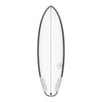 Torq TEC PG-R Surfboard, weiß mit dunkelgrauem Rail, Draufsicht, kompaktes Fish-Design mit Griptape im Fußbereich