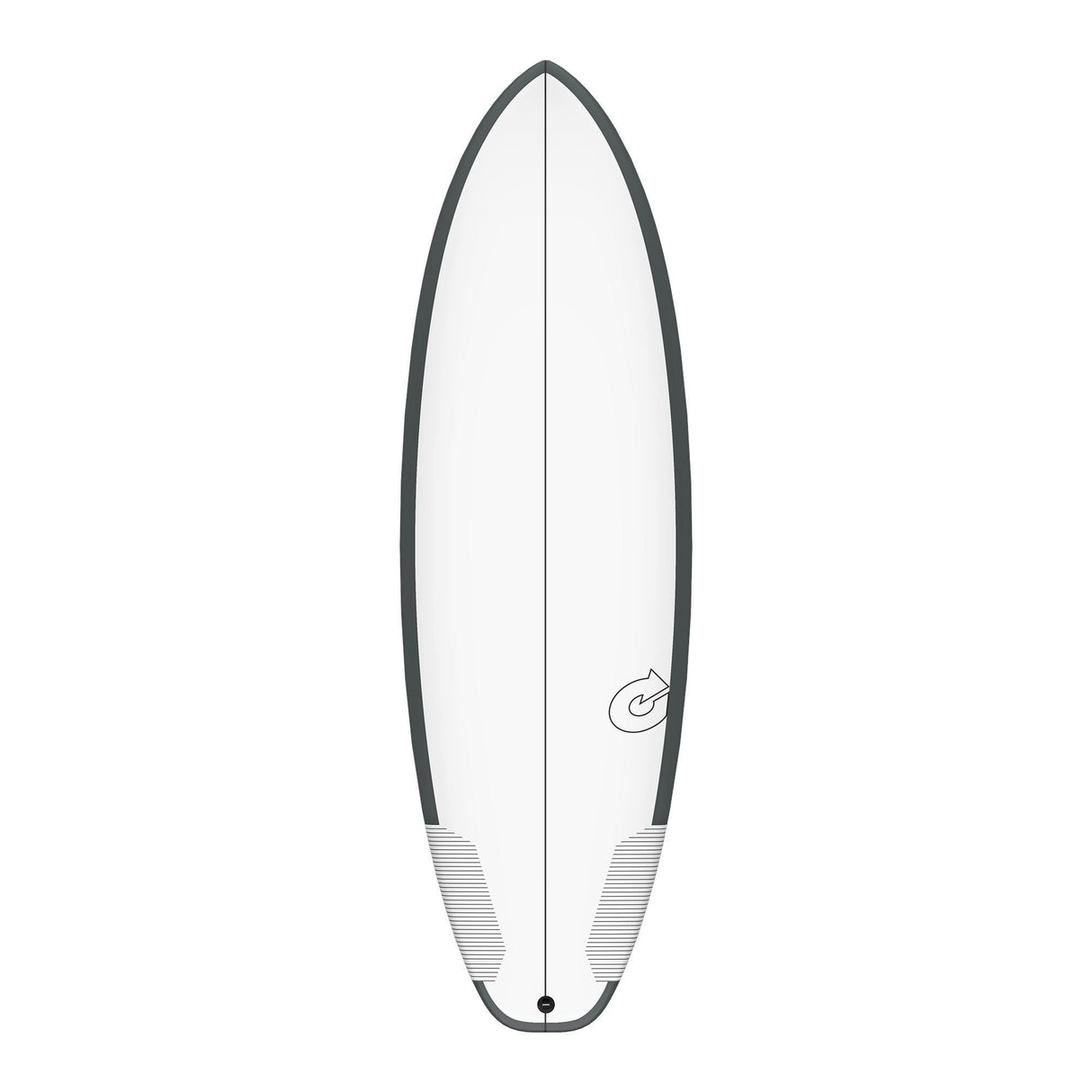 Torq TEC PG-R Surfboard, weiß mit dunkelgrauem Rail, Draufsicht, kompaktes Fish-Design mit Griptape im Fußbereich