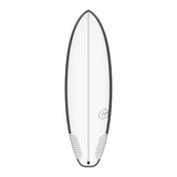 Torq TEC PG-R Surfboard, weiß mit dunkelgrauem Rail, Draufsicht, kompaktes Fish-Design mit Griptape im Fußbereich
