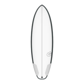 Torq TEC PG-R Surfboard, weiß mit dunkelgrauem Rail, Draufsicht, kompaktes Fish-Design mit Griptape im Fußbereich