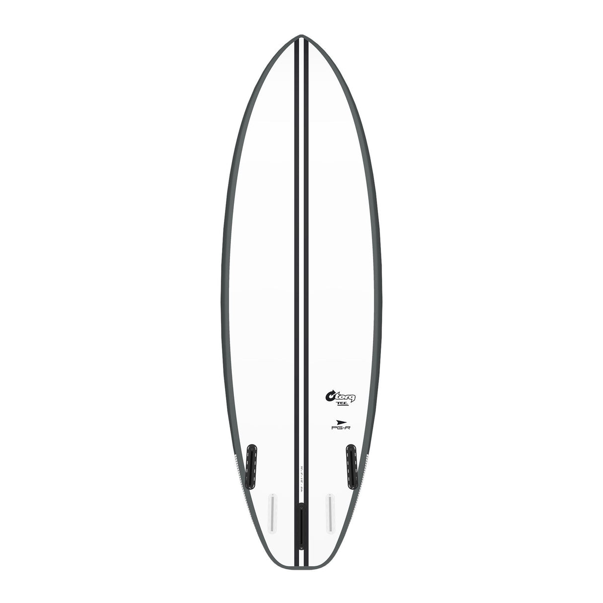 Torq TEC PG-R Surfboard, schwarz-weiß, Draufsicht, kompakte Shortboard-Form mit Finnen