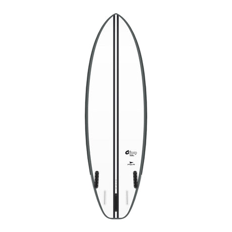 Torq TEC PG-R Surfboard, schwarz-weiß, Draufsicht, kompakte Shortboard-Form mit Finnen