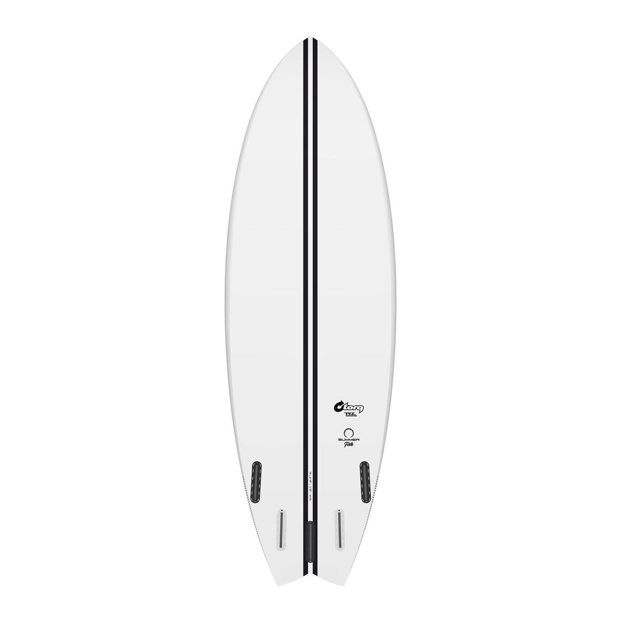 Torq TEC Summer Fish Surfboard weiß mit schwarzem Streifen, Draufsicht auf das kompakte Fischbrett mit abgerundetem Nose und Twin-Fin Setup