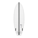 Torq TEC Summer Fish Surfboard weiß mit schwarzem Streifen, Draufsicht auf das kompakte Fischbrett mit abgerundetem Nose und Twin-Fin Setup