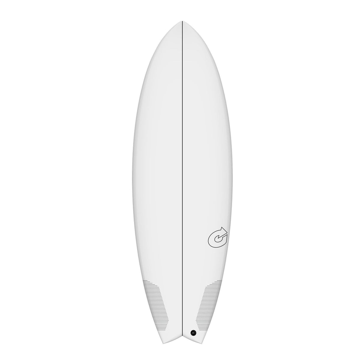 Torq TEC Summer Fish Surfboard, weiß, Fischform, Draufsicht mit Finnen und Logo