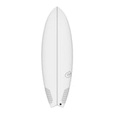 Torq TEC Summer Fish Surfboard, weiß, Fischform, Draufsicht mit Centerline und Twin-Fin-Boxen