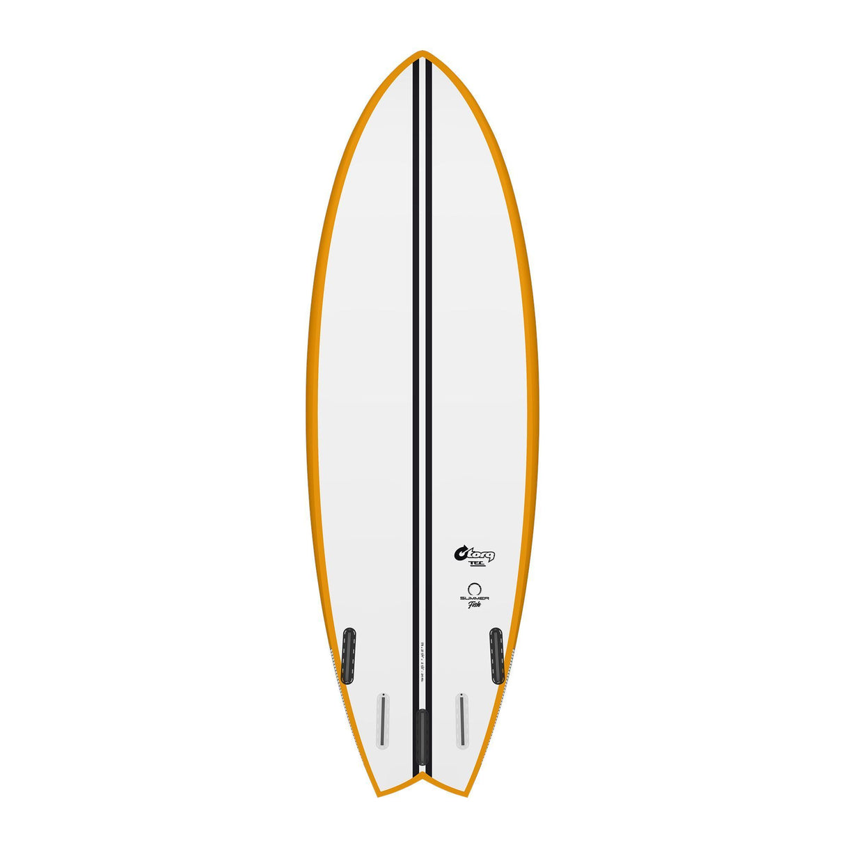 Torq TEC Summer Fish Surfboard mit orangem Rails und weißem Deck, Draufsicht