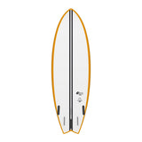 Torq TEC Summer Fish Surfboard mit orangem Rails und weißem Deck, Draufsicht