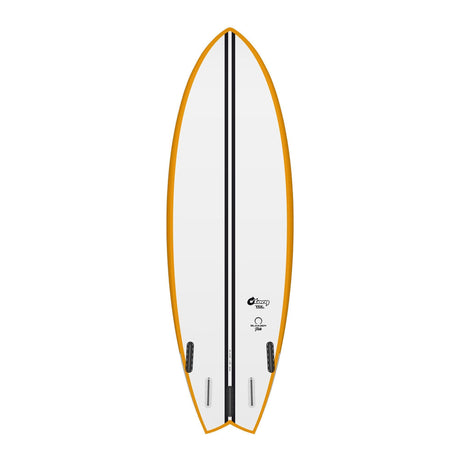 Torq TEC Summer Fish Surfboard mit orangem Rails und weißem Deck, Draufsicht