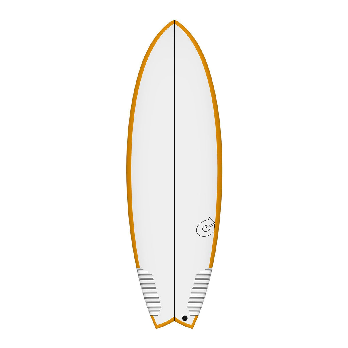 Torq TEC Summer Fish Surfboard, weiß mit orangefarbenem Rail, Fischform, Draufsicht