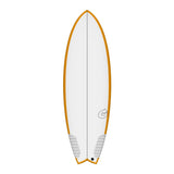 Torq TEC Summer Fish Surfboard, weiß mit orangefarbenem Rail, Fischform, Draufsicht