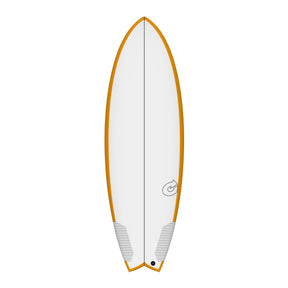 Torq TEC Summer Fish Surfboard, weiß mit orangefarbenem Rail, Fischform, Draufsicht