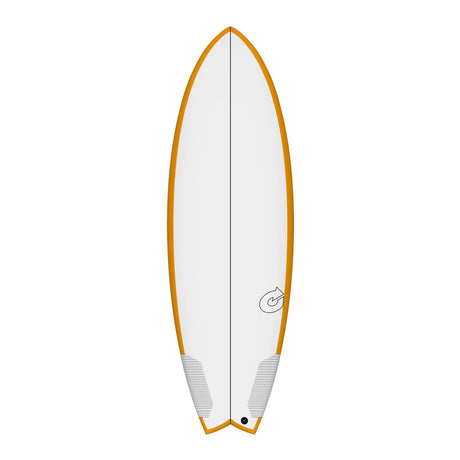 Torq TEC Summer Fish Surfboard, weiß mit orangefarbenem Rail, Fischform, Draufsicht