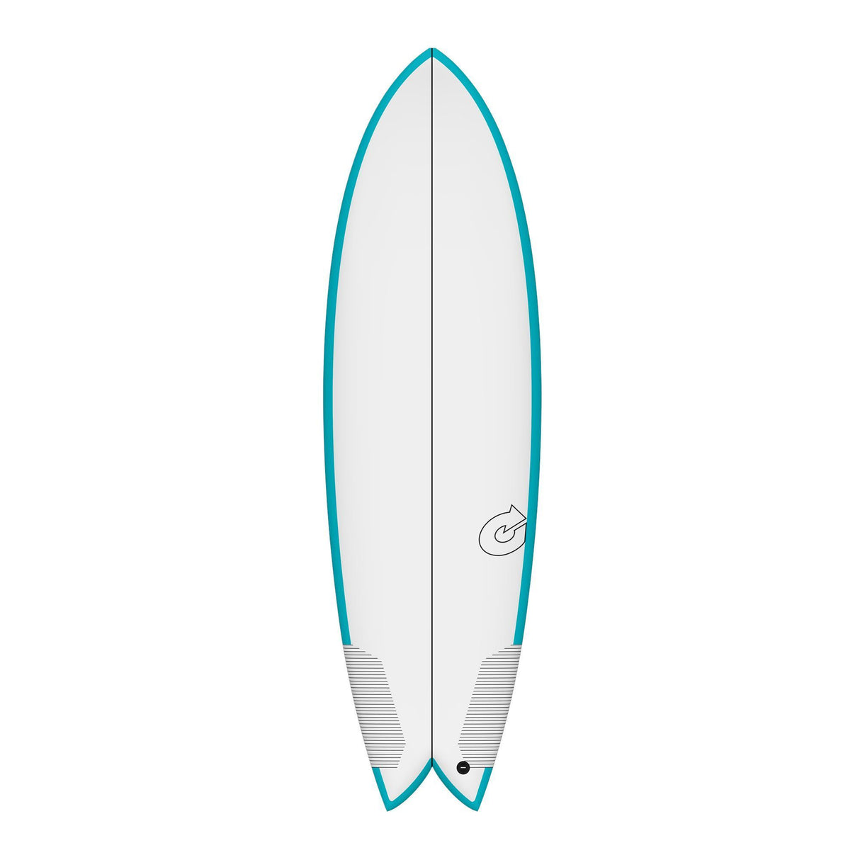 Torq TEC Twin Fish Surfboard mit blauer Kante, weiß-grauem Deck, Twin-Fin-Setup, Draufsicht