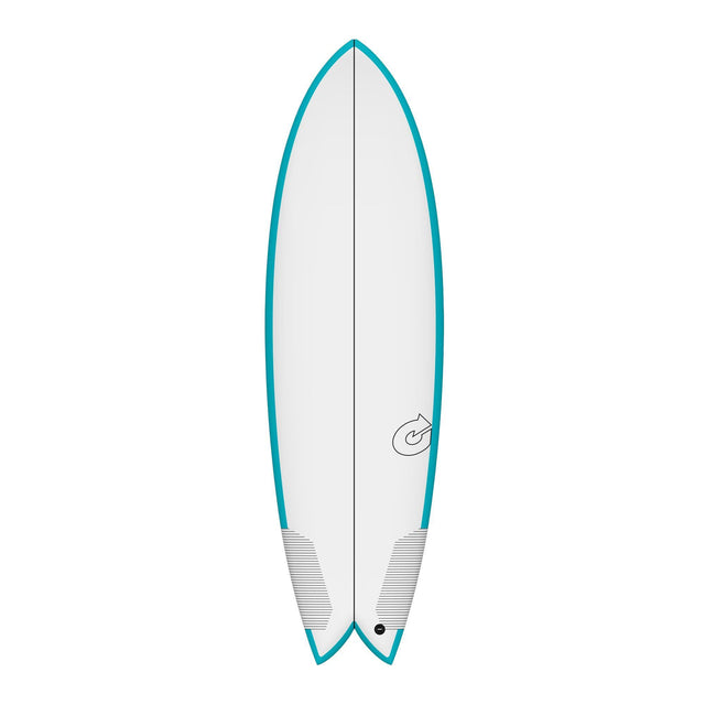 Torq TEC Twin Fish Surfboard mit blauer Kante, weiß-grauem Deck, Twin-Fin-Setup, Draufsicht