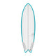 Torq TEC Twin Fish Surfboard, blau-weiß, Draufsicht, Twin-Fin-Form mit abgerundetem Nose und gesplitteter Tail