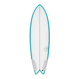 Torq TEC Twin Fish Surfboard, blau-weiß, Draufsicht, Twin-Fin-Form mit abgerundetem Nose und gesplitteter Tail