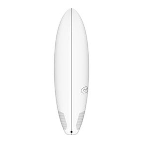 Torq TEC BigBoy 23 Surfboard, weiß, Draufsicht, ovales Design mit Finnen und Logo