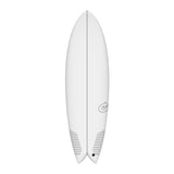 Torq TEC BigBoy Fish Surfboard, weiß, Fischform mit Twin-Fin-Boxen, Frontansicht
