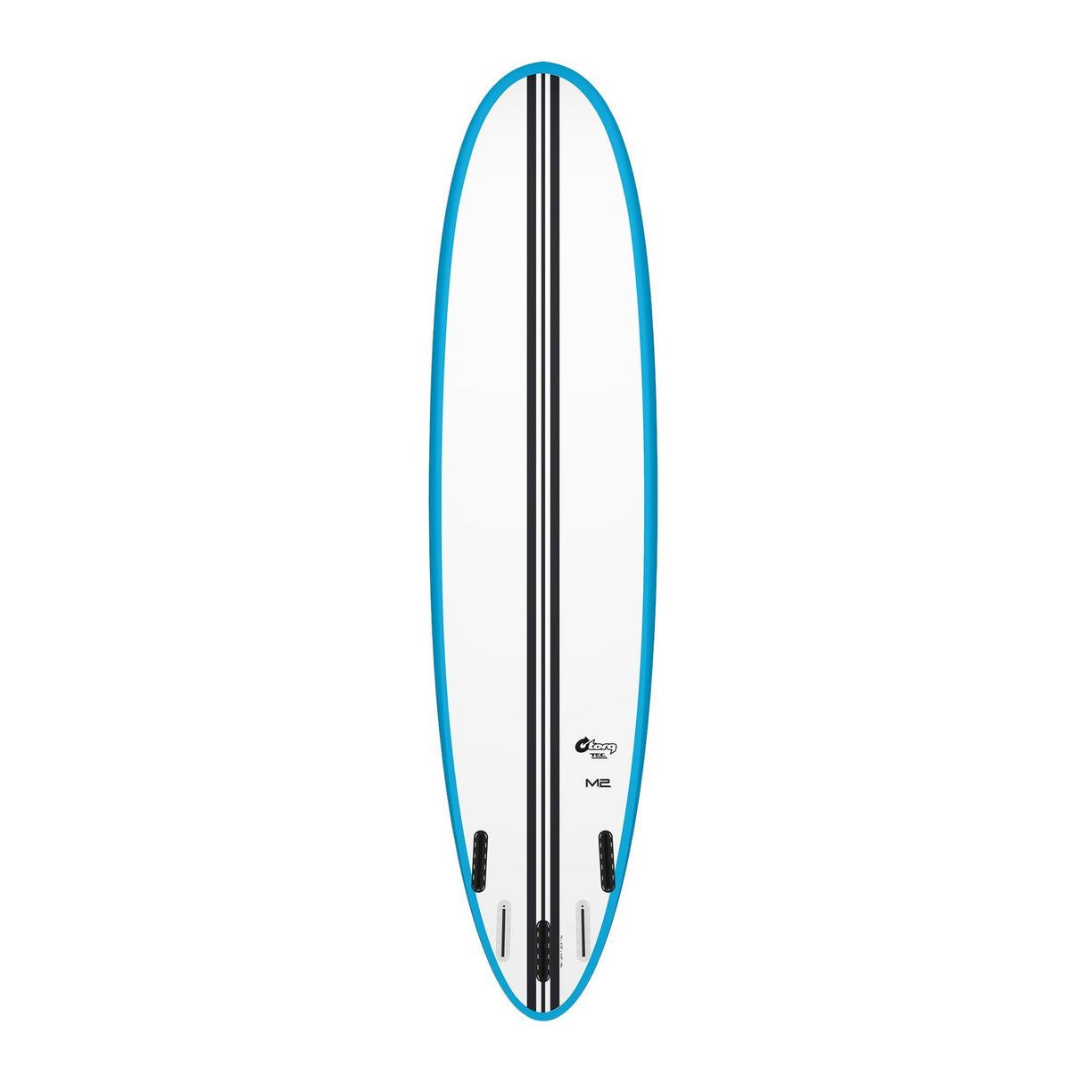 Torq TEC M2.0 Surfboard mit blauem Rail, weißem Deck und schwarzem Stringer, Draufsicht