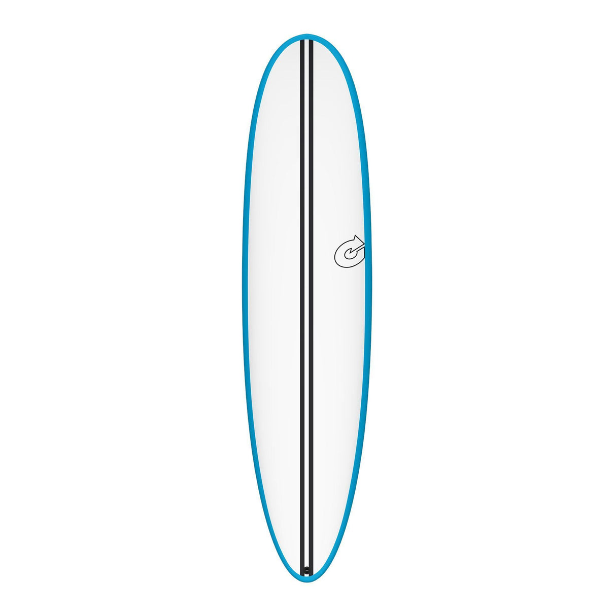 Torq TEC M2.0 Surfboard mit blauem Rail, weißem Deck und schwarzem Stringer, Draufsicht
