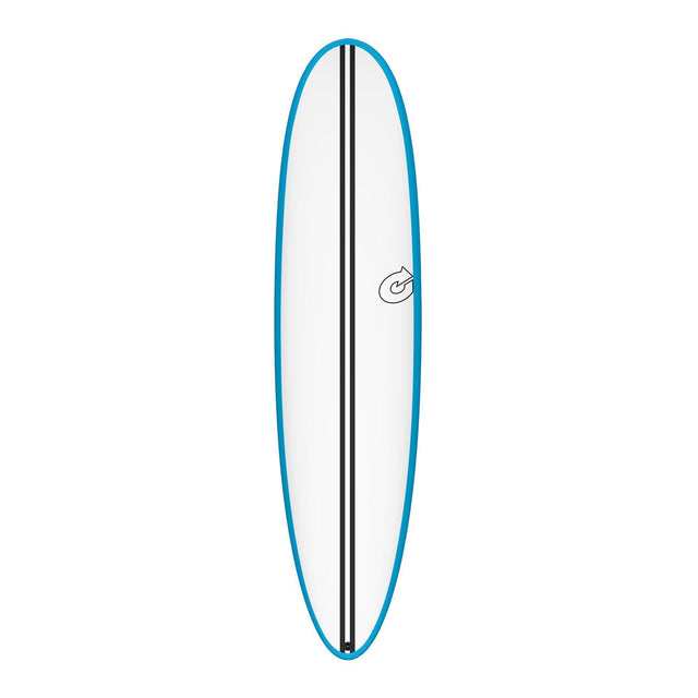 Torq TEC M2.0 Surfboard mit blauem Rail, weißem Deck und schwarzem Stringer, Draufsicht