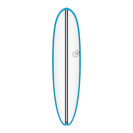 Torq TEC Volume Plus V Plus Surfboard, weiß mit blauer Kante und schwarzem Stringer, Draufsicht