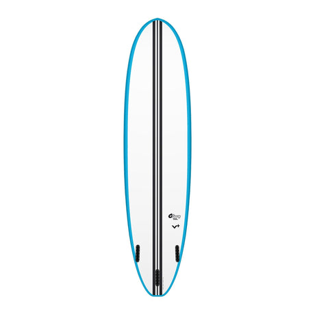 Torq TEC Volume Plus V Plus Surfboard, blau-weiße Oberseite mit schwarzem Streifen, Draufsicht
