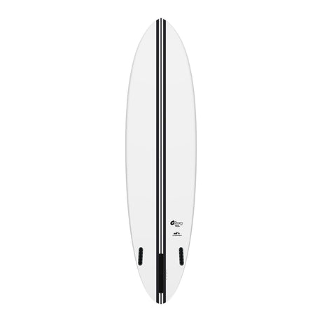 Torq TEC Chopper Surfboard, weiß mit schwarzem Streifen, Draufsicht, kompakte Retro-Form mit Finnen