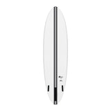 Torq TEC Chopper Surfboard, weiß mit schwarzem Streifen, Draufsicht, kompaktes Design mit Finnen