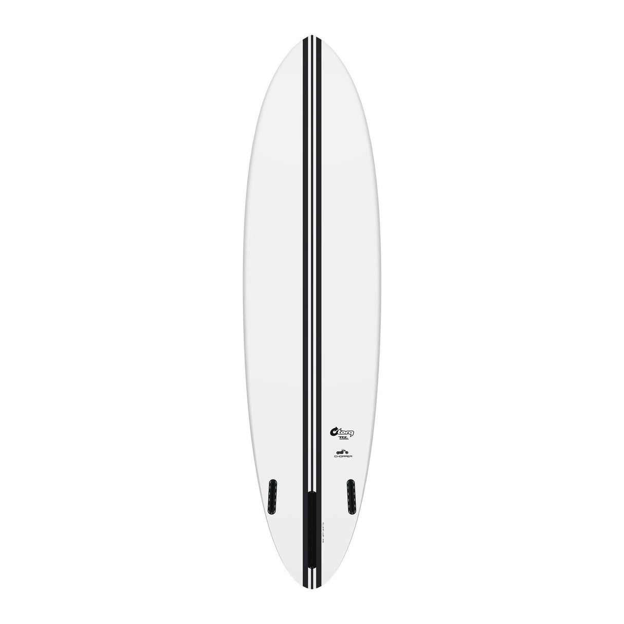 Torq TEC Chopper Surfboard, weiß mit schwarzem Streifen, Draufsicht, kompaktes Design mit Finnen