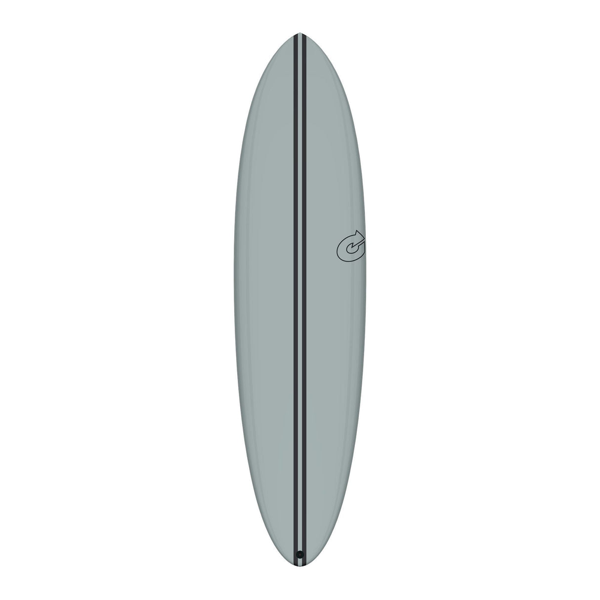 Torq TEC Chopper Surfboard, grau, Draufsicht, schwarzer Mittelstreifen und Logo sichtbar
