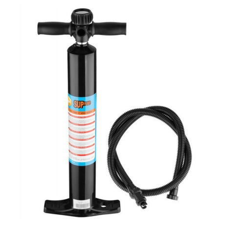 Ariinui SUP Pumpe schwarz mit Doppelhubgriff, Druckzylinder und flexiblem Schlauch, Frontansicht