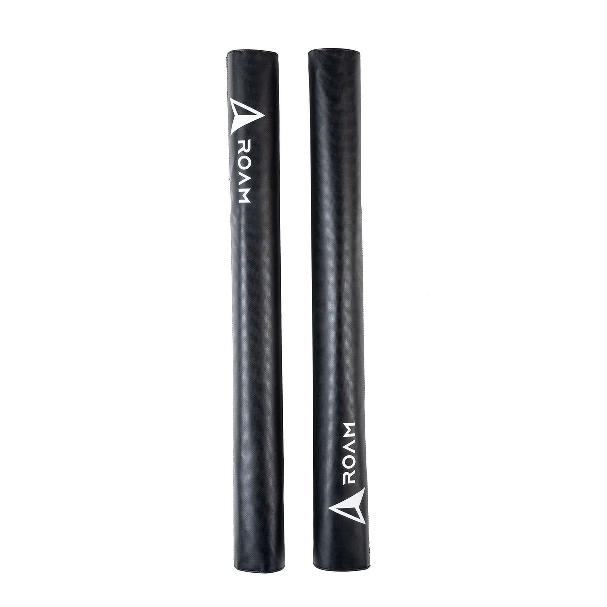 ROAM Dachauflage Surfboard Rund, schwarze zylindrische Schaumstoff-Auflage mit ROAM-Logo, Frontalansicht von zwei Rollen nebeneinander