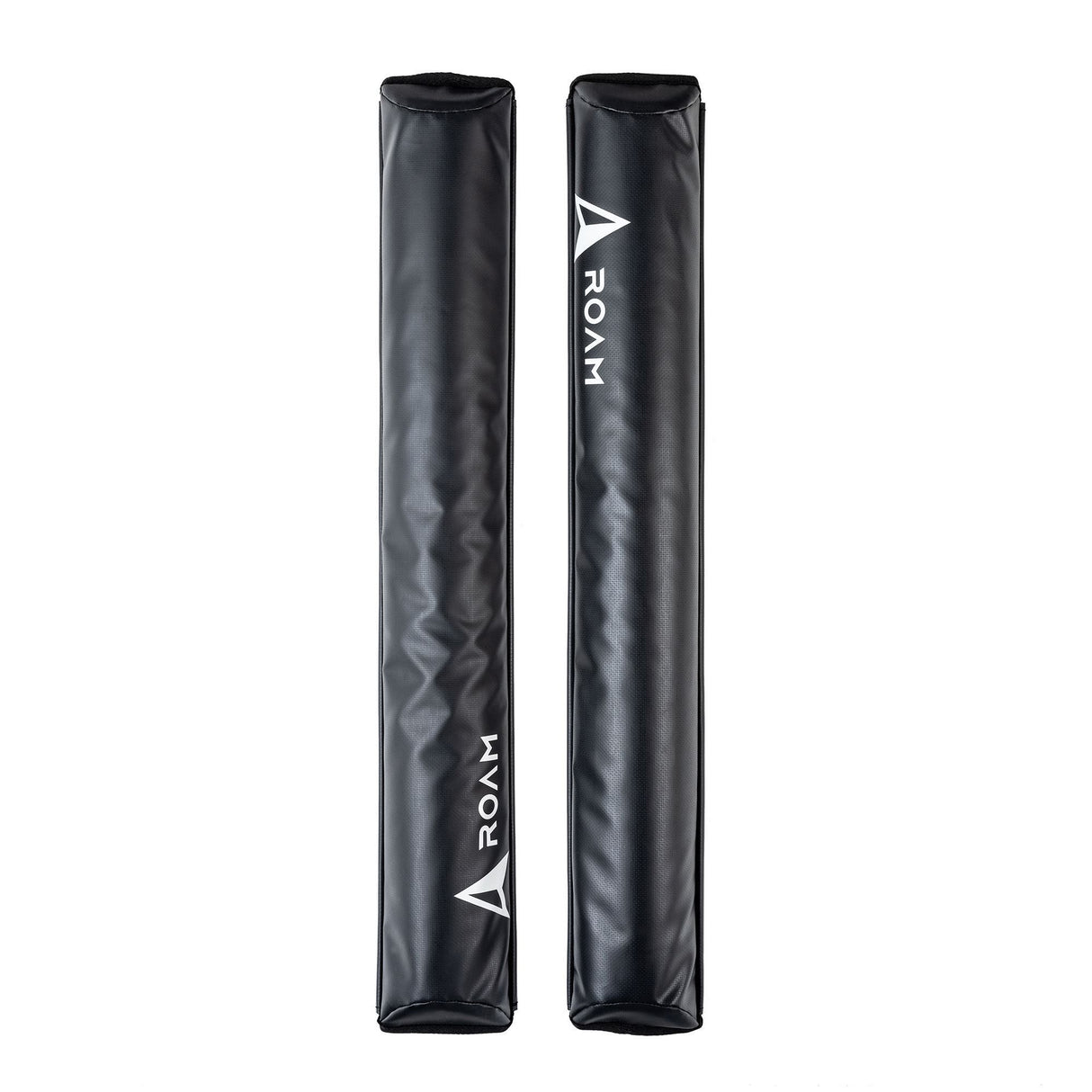 ROAM Dachauflage Surfboard Flach, schwarze Schaumstoff-Polster mit ROAM-Logo, zwei nebeneinander angeordnete Auflagerollen, Frontalansicht