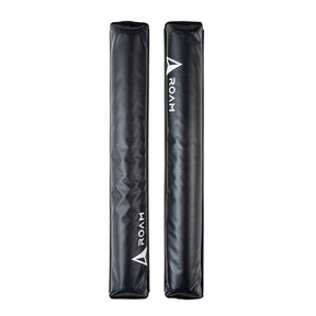 ROAM Dachauflage Surfboard Flach, schwarze Schaumstoff-Polster mit ROAM-Logo, zwei nebeneinander angeordnete Auflagerollen, Frontalansicht