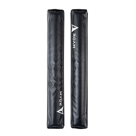 ROAM Dachauflage Surfboard Flach, schwarze Schaumstoff-Polster mit ROAM-Logo, zwei nebeneinander angeordnete Auflagerollen, Frontalansicht