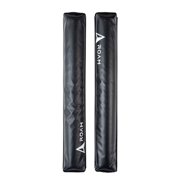 ROAM Dachauflage Surfboard Flach, schwarze Schaumstoff-Polster mit ROAM-Logo, zwei nebeneinander angeordnete Auflagerollen, Frontalansicht