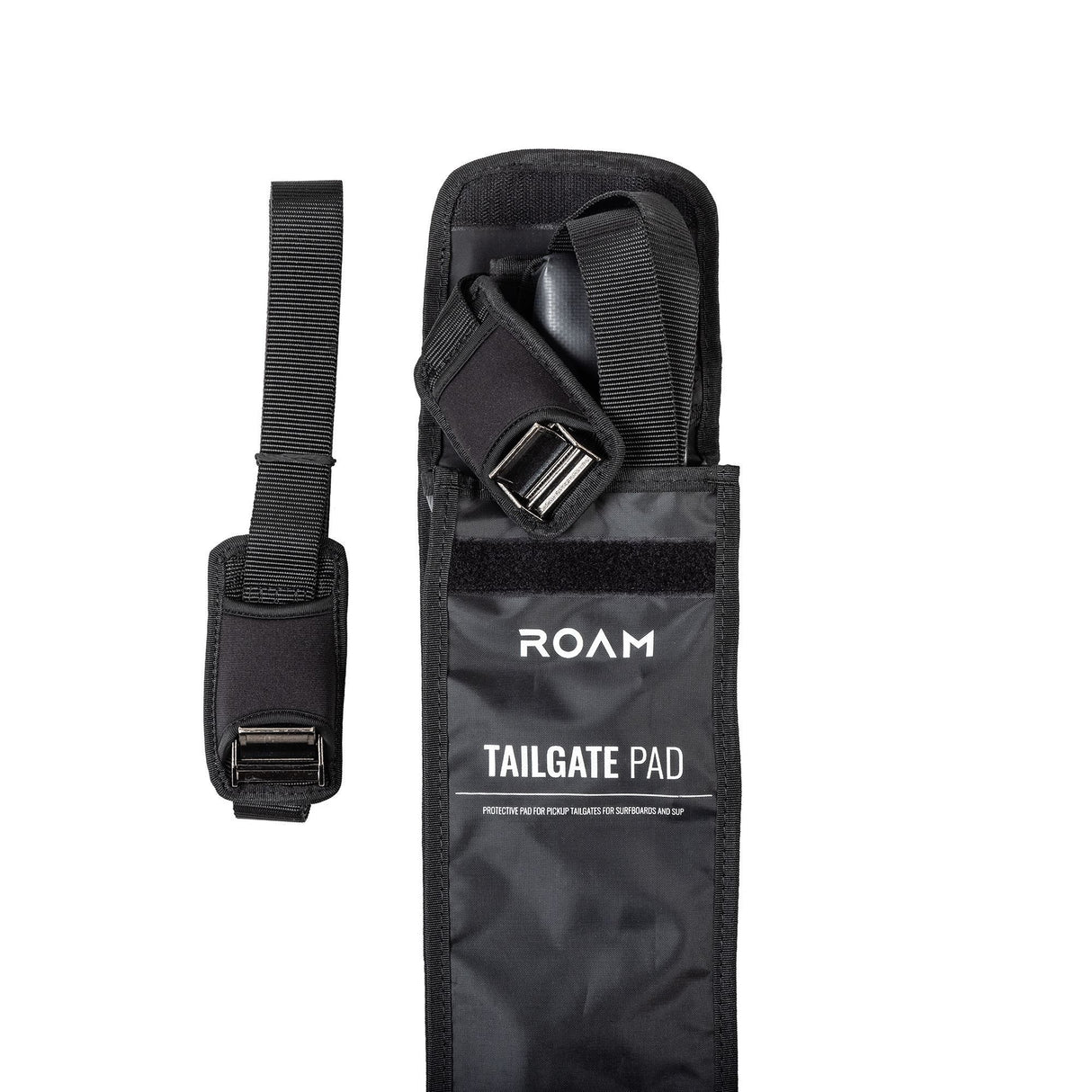 ROAM Pickup Tailgate Pad schwarzes Schutzpad aus Nylon mit Gurten und Befestigungszubehör, Frontansicht der Verpackung