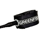 Greenfix Surfboard Leash aus recyceltem PU, schwarz mit Markenlogo, Detailansicht der Manschette und Verbindung