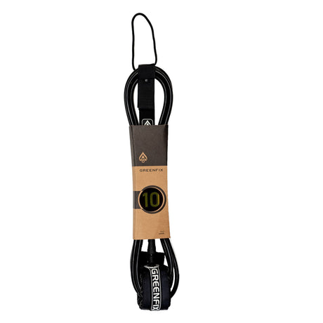 Greenfix Surfboard Leash aus recyceltem PU, schwarz mit braunem Wickel, 10er Größe, Frontansicht